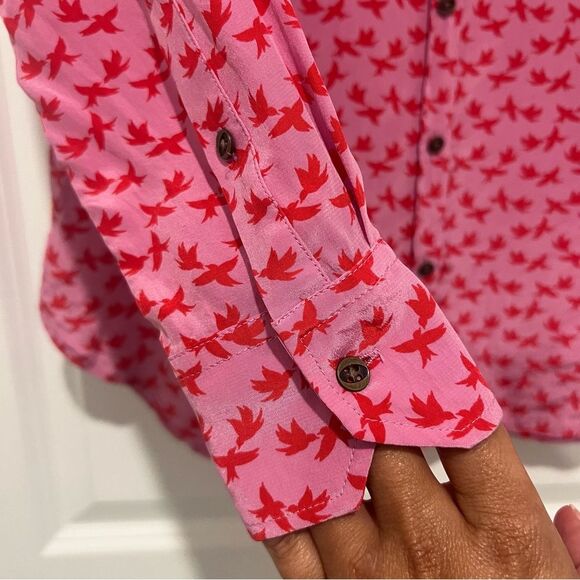 Fossil Vintage Women's 100% Silk Button Up Shirt Pink/Red Bird Print Sz. XS - Picture 5 of 10